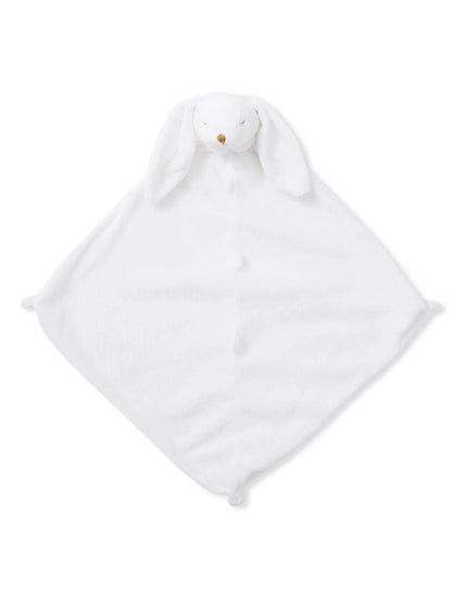 White bunny-themed security blanket with soft fabric and floppy ears. Ideal for infants and toddlers.