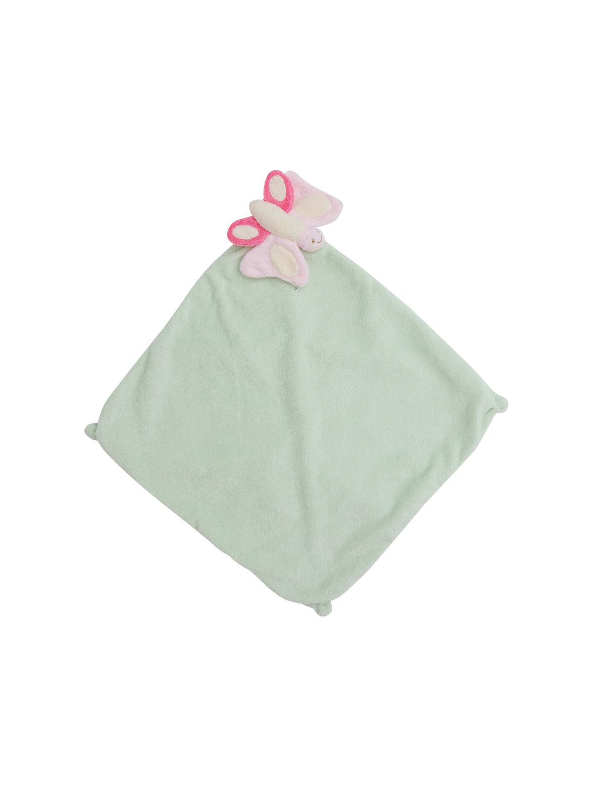 Mint green security blanket with a butterfly plush toy attached at the top corner.
