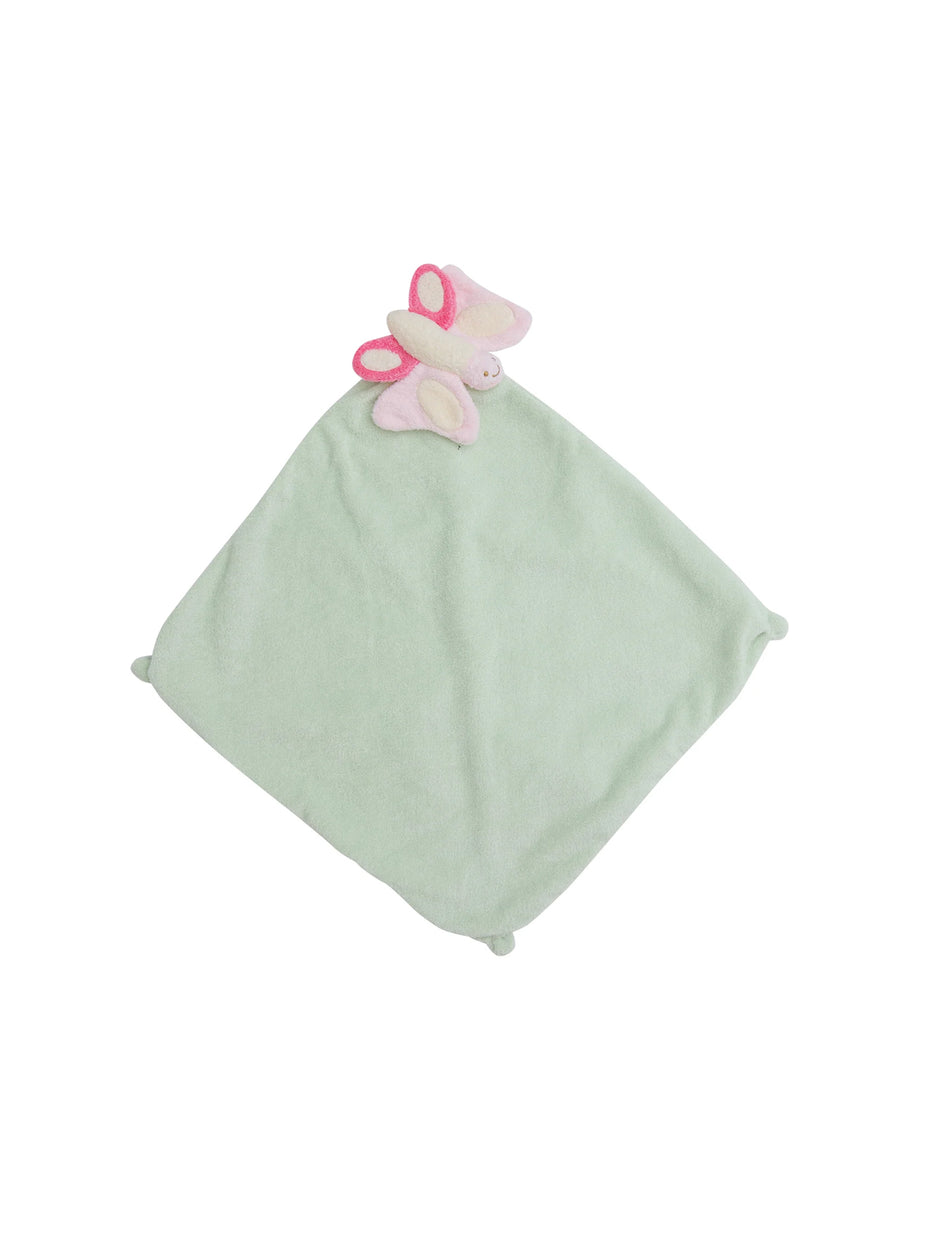 Mint green security blanket with a butterfly plush toy attached at the top corner.