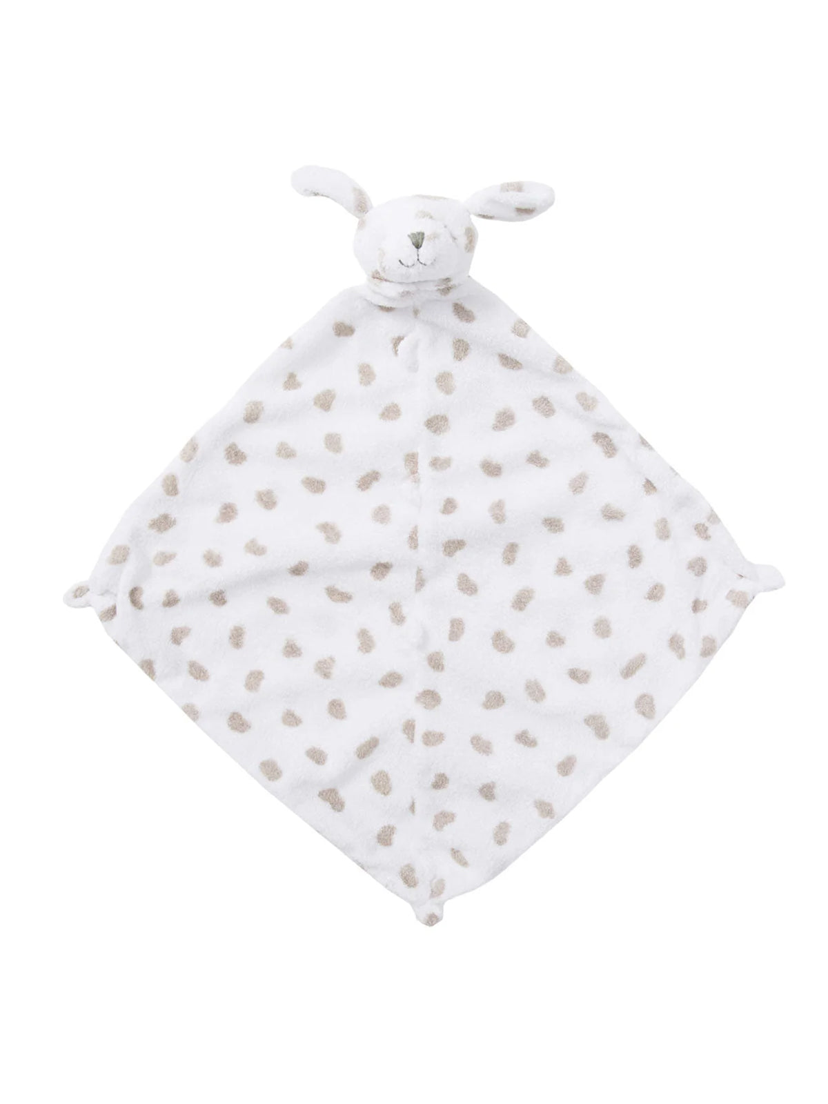 Soft, white baby blanket with tan spots and a bunny head, perfect for comfort and cuddles.