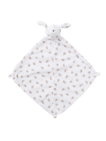 Soft, white baby blanket with tan spots and a bunny head, perfect for comfort and cuddles.
