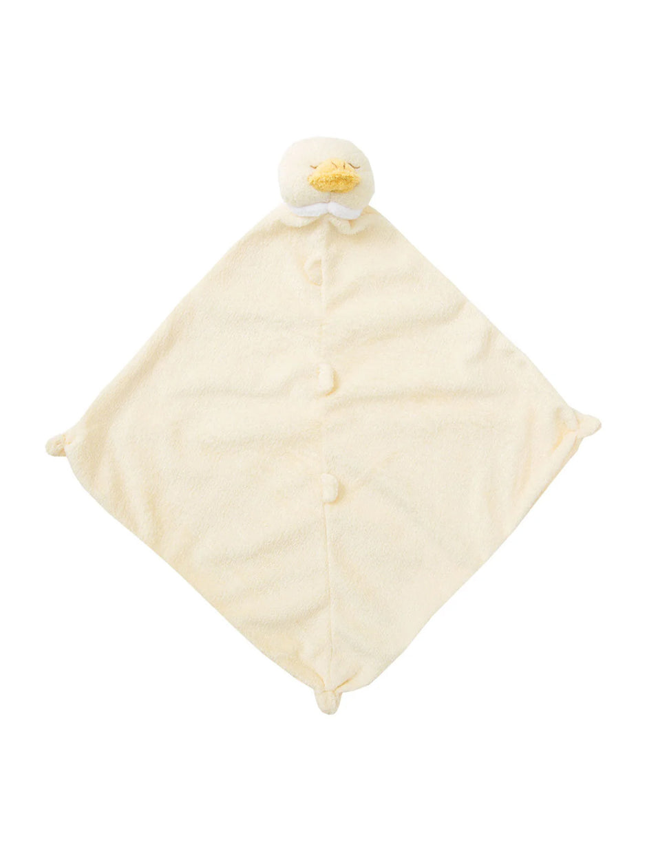 Soft yellow security blanket with a smiling duck head and rounded corners. Ideal for comfort and cuddling.
