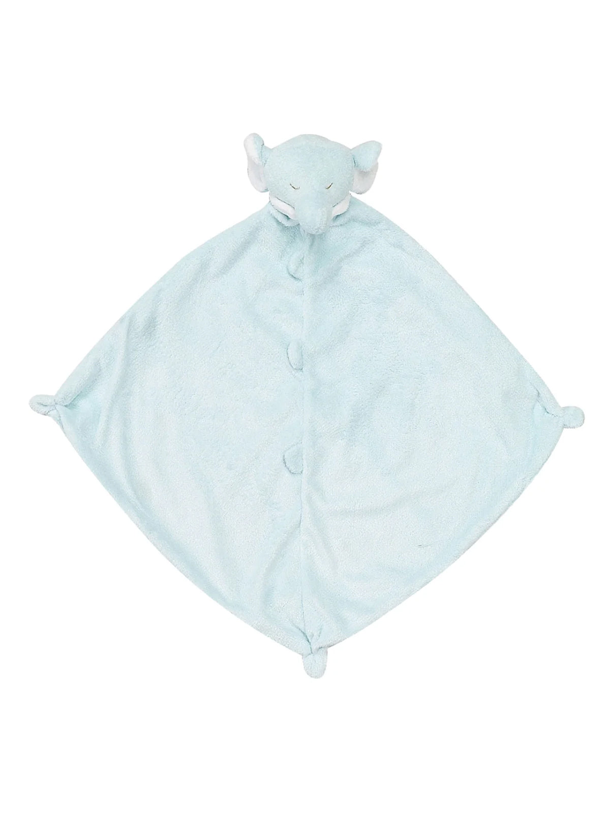 Light blue elephant plush security blanket with a triangular shape and soft fabric.
