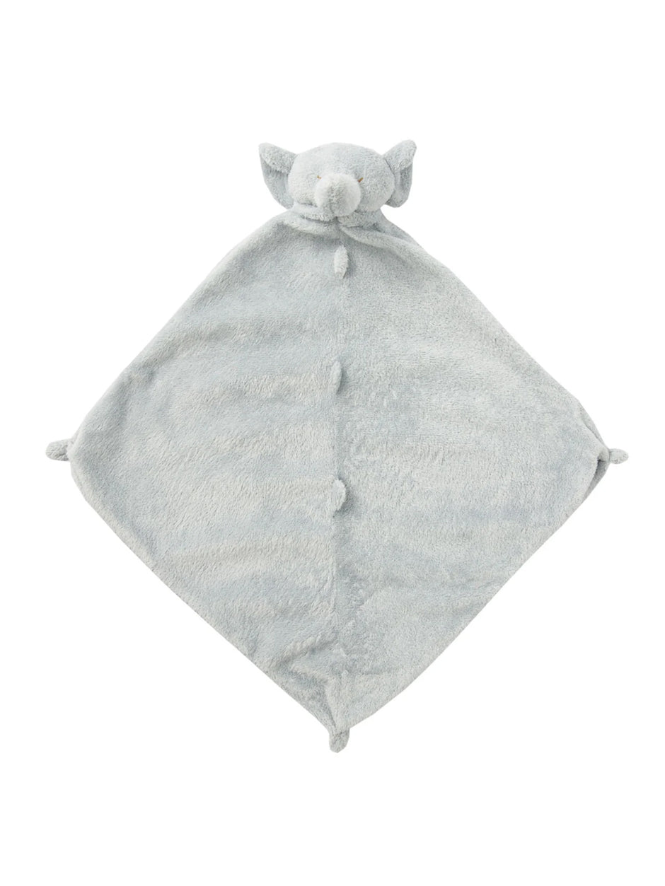 Soft gray elephant cuddle blanket with ears and a snout, shaped like a diamond with rounded corners.
