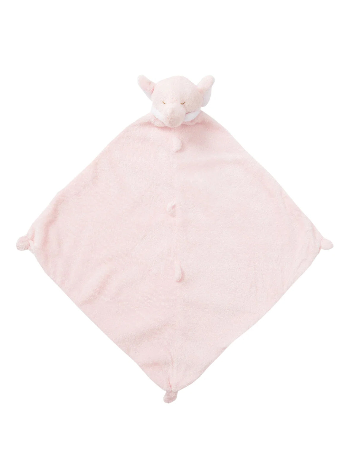 Soft pink baby security blanket with an elephant head and knot corners, ideal for comfort and cuddling.