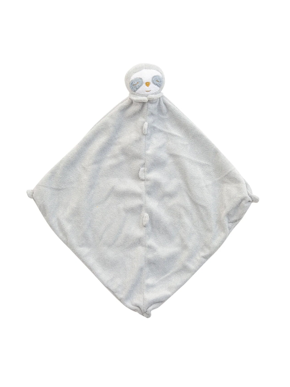 Gray sloth-themed lovey blanket with a round head and playful facial features. Soft and cuddly.