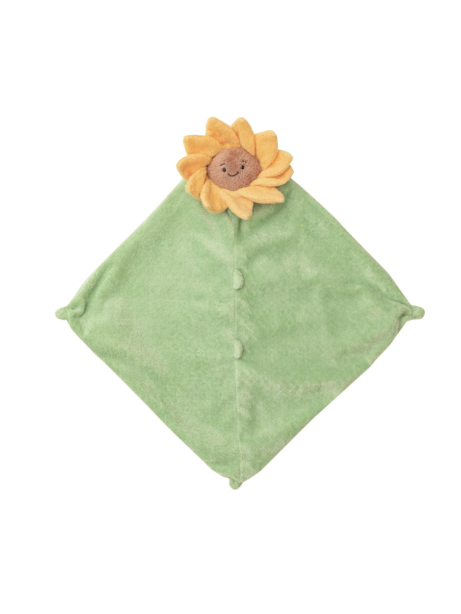 Green blanket with a sunflower plush head, soft and cozy for children. Perfect for snuggling or comfort.