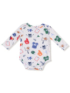 Baby onesie with colorful sports-themed prints, including jerseys, helmets, and sporting equipment.