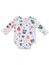 Baby onesie with colorful sports-themed prints, including jerseys, helmets, and sporting equipment.