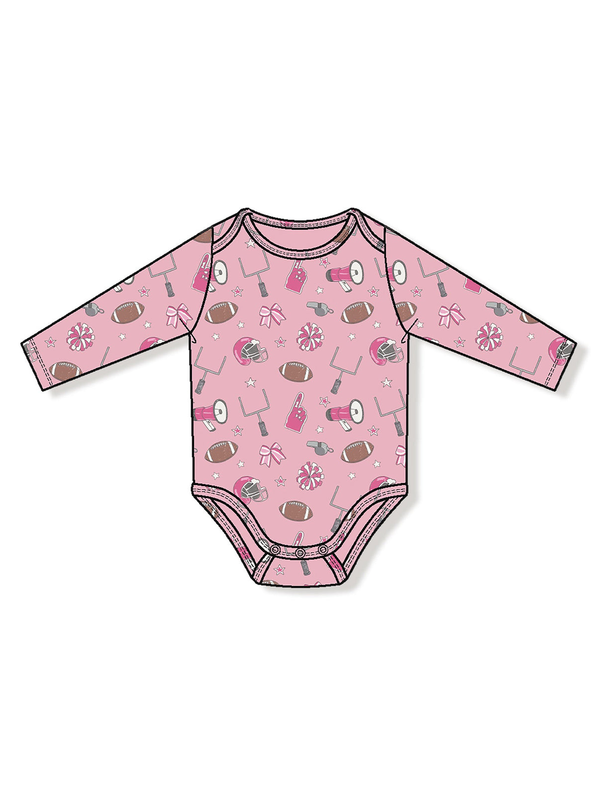 Pink long-sleeve onesie with fun sports and candy patterns, perfect for infants.