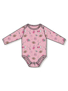 Pink long-sleeve onesie with fun sports and candy patterns, perfect for infants.