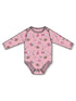 Pink long-sleeve onesie with fun sports and candy patterns, perfect for infants.