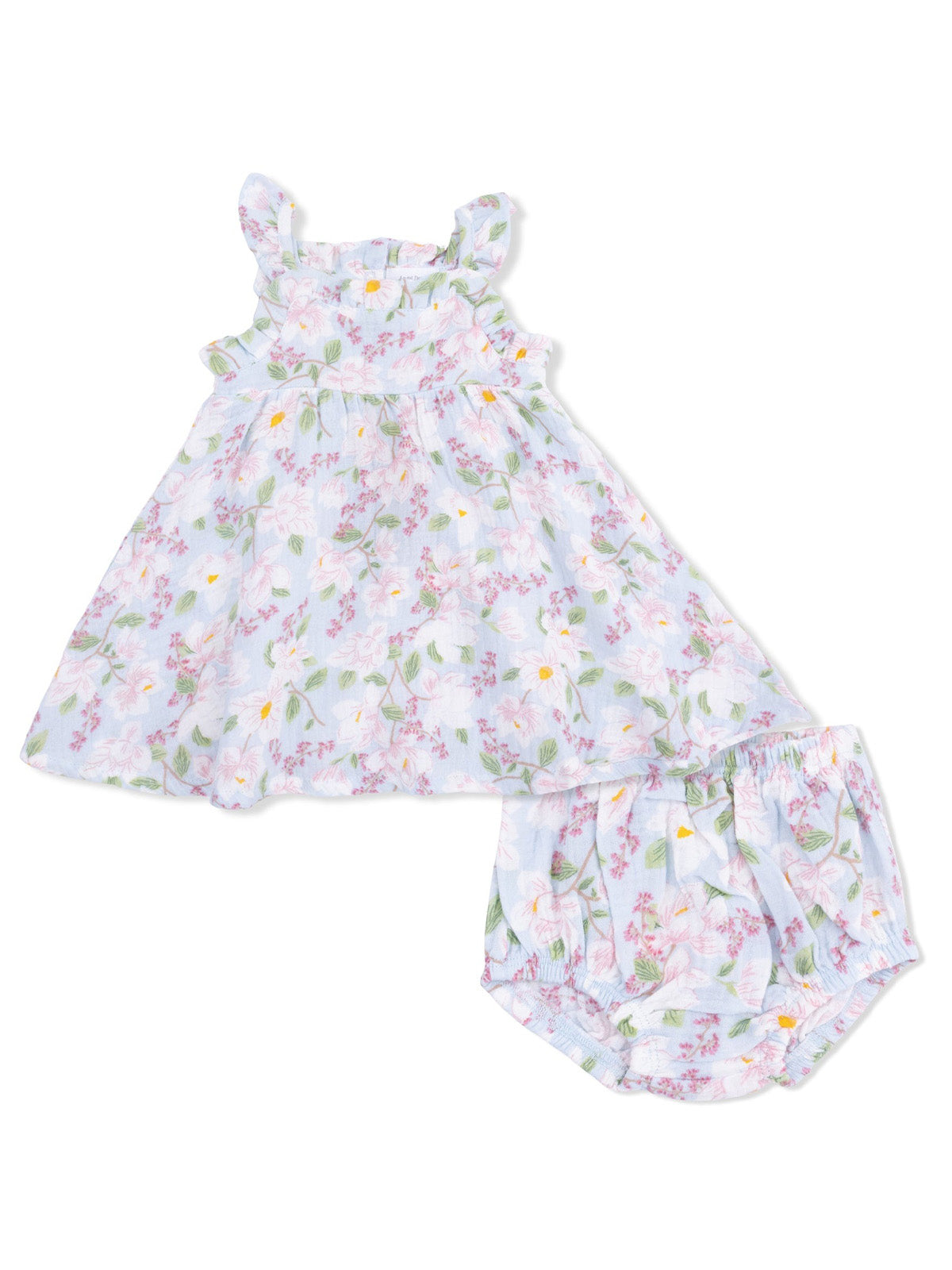 Floral toddler dress with matching bloomer shorts, featuring pastel colors and delicate ruffle details.