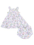 Floral toddler dress with matching bloomer shorts, featuring pastel colors and delicate ruffle details.