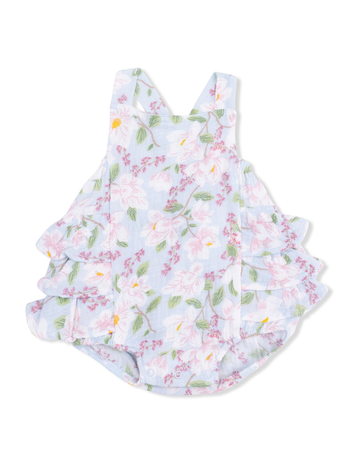 Floral ruffled toddler romper in light blue with pink and green accents, perfect for warm weather.