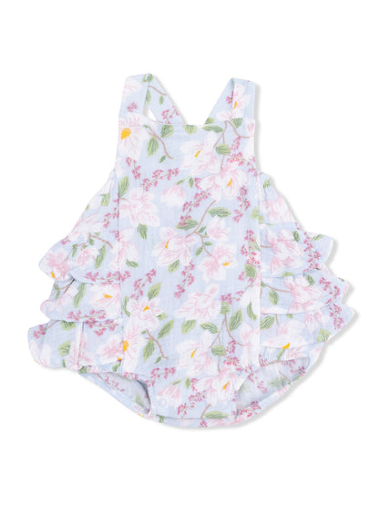 Floral ruffled toddler romper in light blue with pink and green accents, perfect for warm weather.