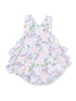 Floral ruffled toddler romper in light blue with pink and green accents, perfect for warm weather.