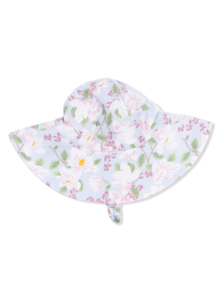 Floral sun hat with wide brim, featuring pastel colors and a light blue background.