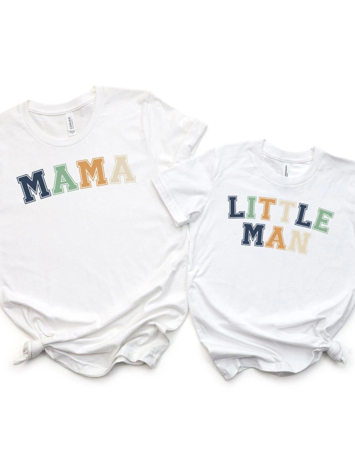 Matching white t-shirts with colorful text that reads "MAMA" and "LITTLE MAN." Stylish and playful design.