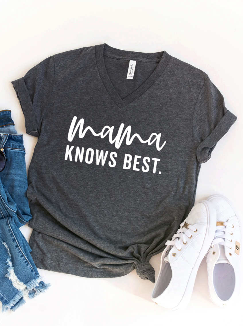 Mama Knows Best V-Neck Women's Graphic Tee, Charcoal