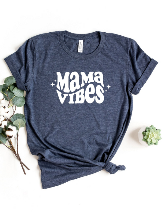 Mama Vibes Wavy Women's Graphic Tee, Heather Navy