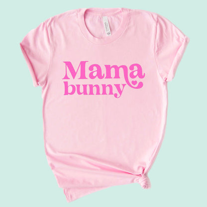 Pink t-shirt with "Mama bunny" printed in bold, playful typography. Perfect for casual wear.