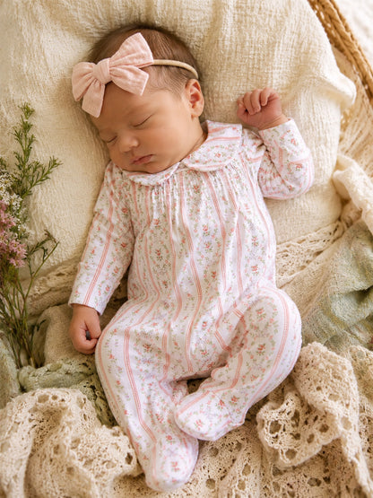 Smocked Peter Pan Snap Footie, Marnie Rosebud Stripe