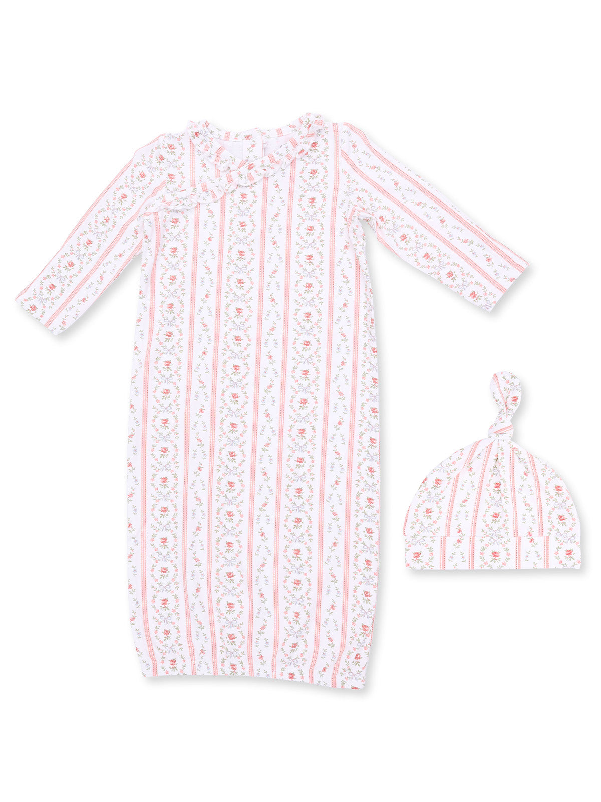 Floral baby gown and matching hat set with pink stripes and ruffle details, perfect for newborns.