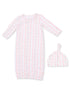 Floral baby gown and matching hat set with pink stripes and ruffle details, perfect for newborns.