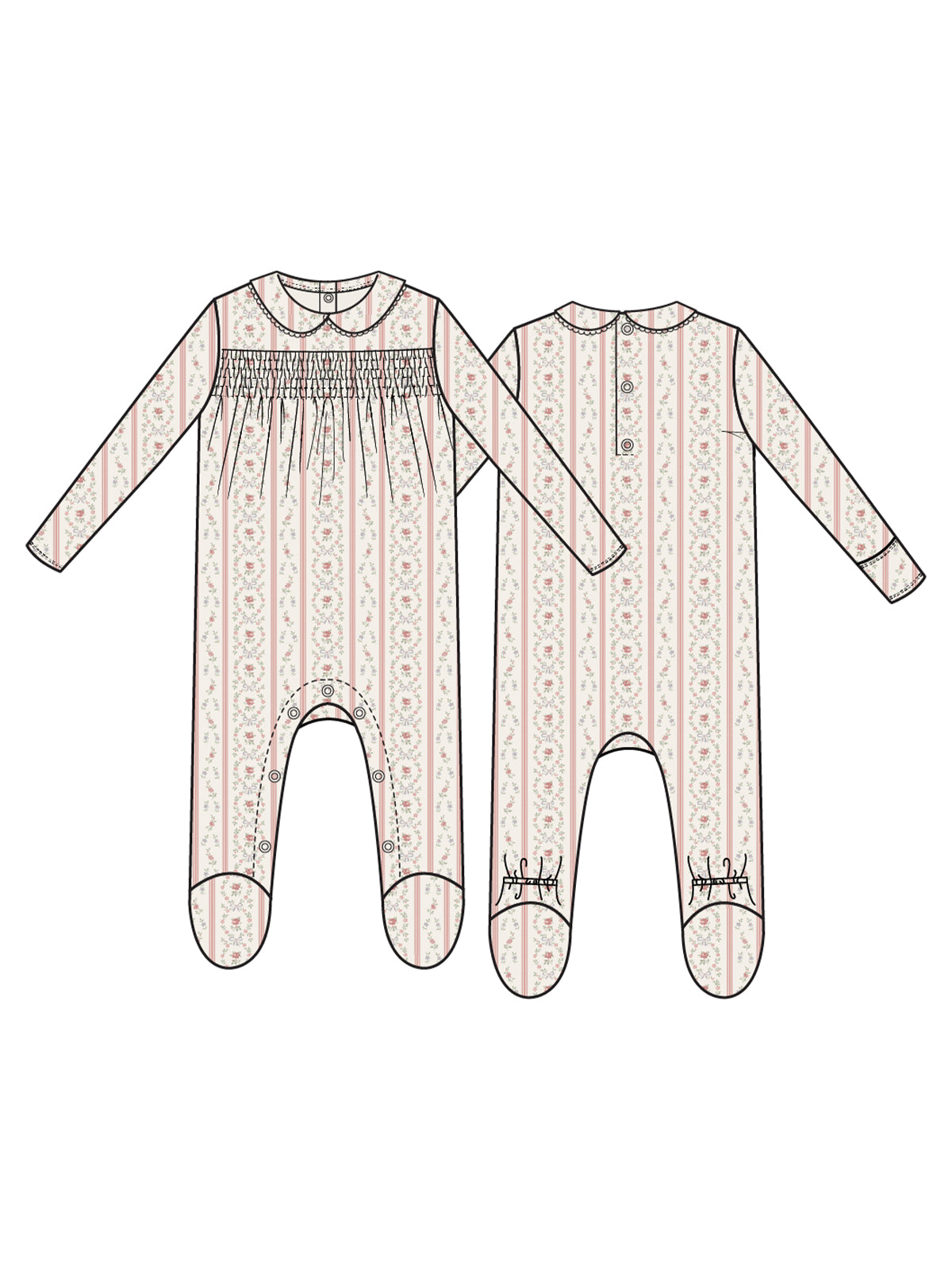 Smocked Peter Pan Snap Footie, Marnie Rosebud Stripe