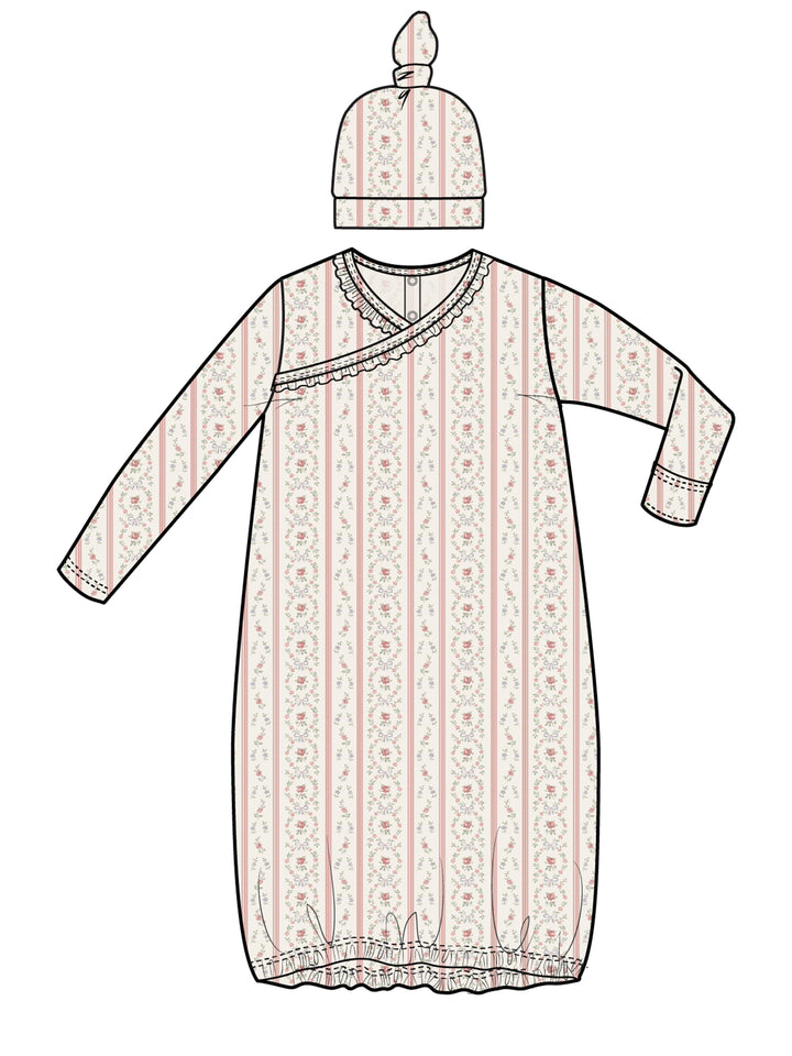 Floral striped baby nightgown with long sleeves and a matching hat, featuring a knotted top.