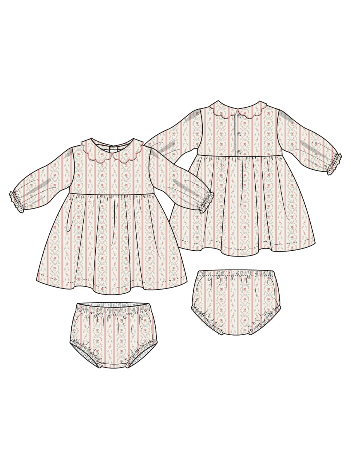 Long Sleeve Petal Collar Dress & Bloomer, Marnie Rosebud Stripe