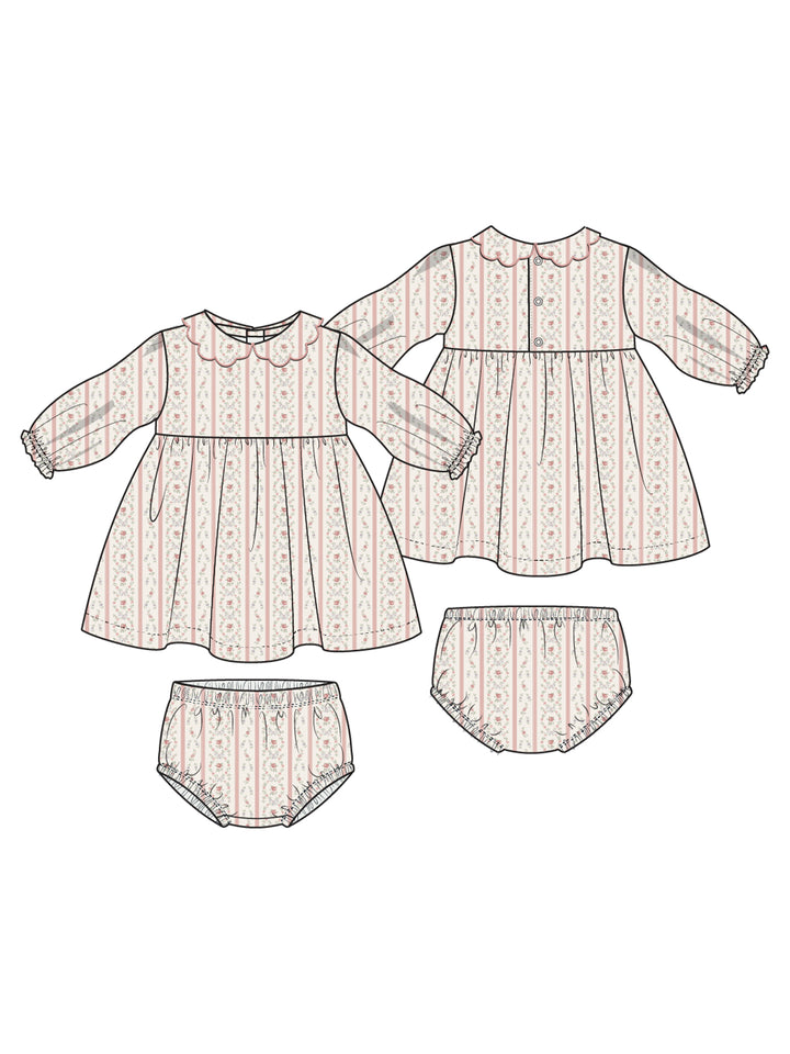 Two patterned dresses and matching bloomers for toddlers, featuring long sleeves and a scalloped collar.