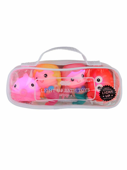 Light-up bath toys set of four in clear packaging, suitable for children 18 months and up.
