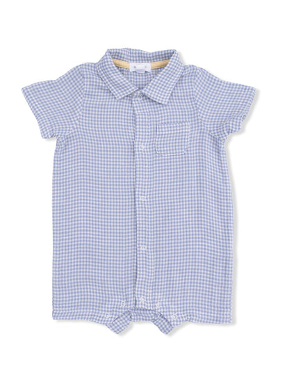 Light blue gingham short-sleeve baby romper with a collar and front pocket.