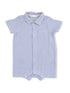 Light blue gingham short-sleeve baby romper with a collar and front pocket.