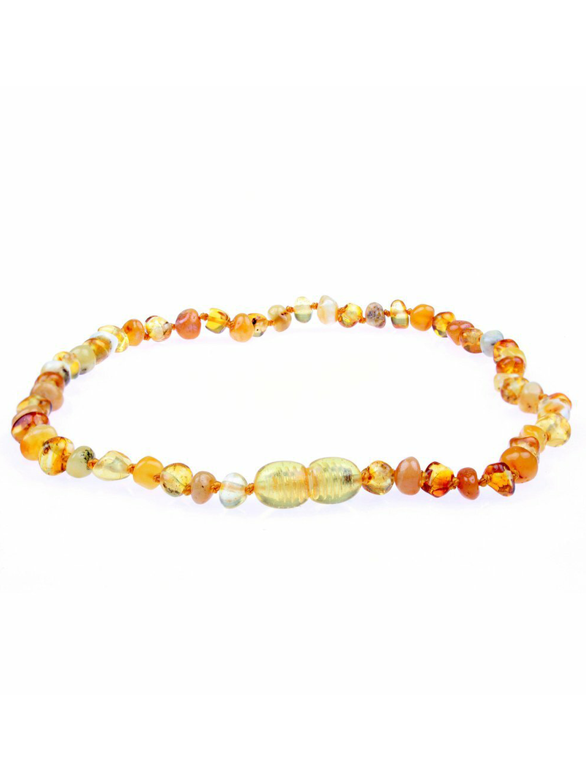 Amber bead necklace with varied shades of yellow and orange arranged in a circular pattern.