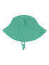 Green bucket hat with a textured fabric and adjustable chin strap, ideal for sun protection.