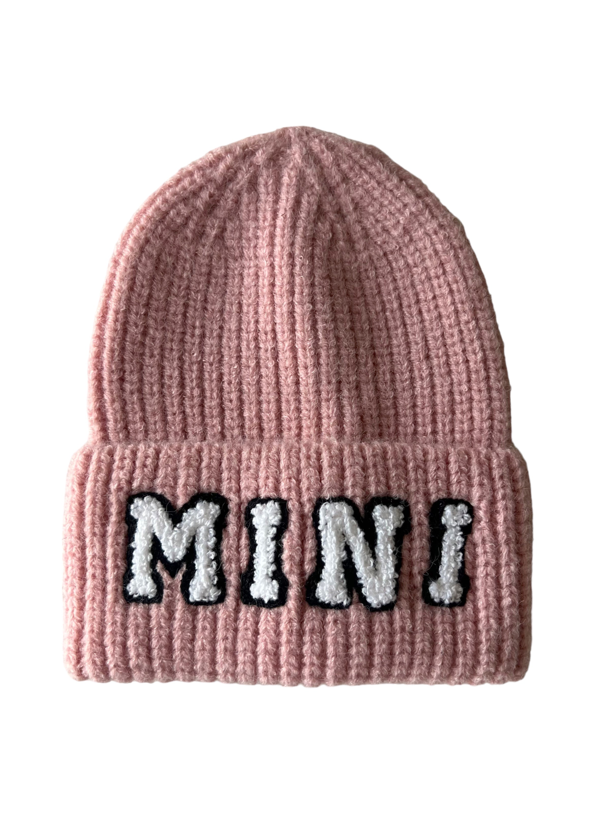 Pink knit beanie with the word "MINI" in white and black, featuring a ribbed texture.