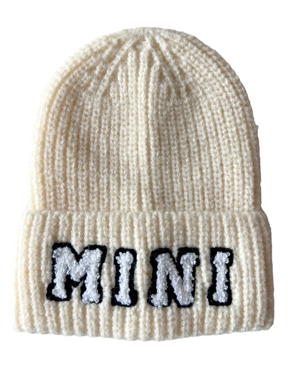 Cream-colored knit beanie featuring the word "MINI" in bold, textured letters.