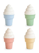 Colorful silicone ice cream cups in blue, green, pink, and yellow, featuring soft serve tops.