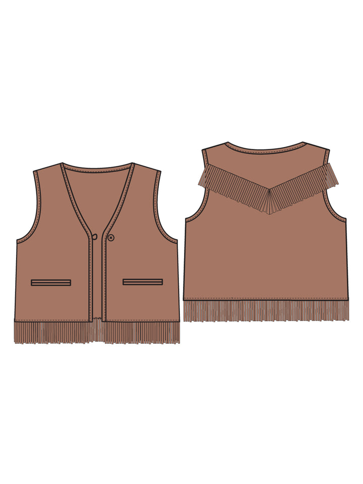 Brown vest with fringe detail, showcasing front buttons and two pockets, represented from front and back views.