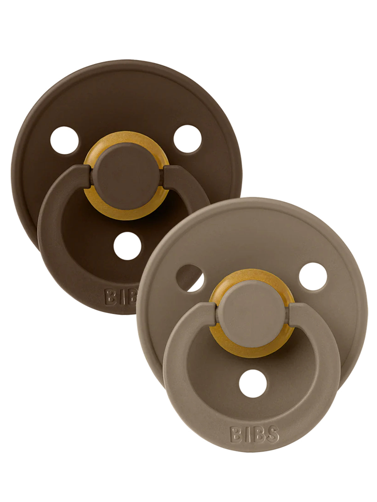 Set of two BIBS pacifiers in dark brown and taupe colors, featuring round shapes and a gold tone accent.