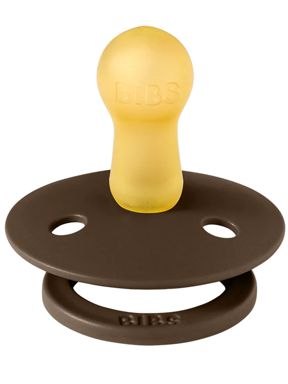 BIBS pacifier with a yellow silicone nipple and brown round shield, designed for comfort and safety.