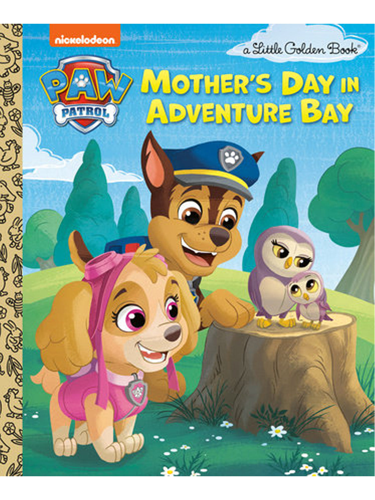 "Cover of 'Mother's Day in Adventure Bay' featuring PAW Patrol characters Skye and Chase with two owls on a stump."