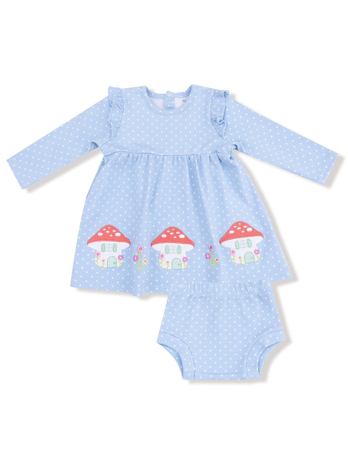Blue polka dot dress with mushroom houses and matching bloomers, featuring ruffled sleeves.