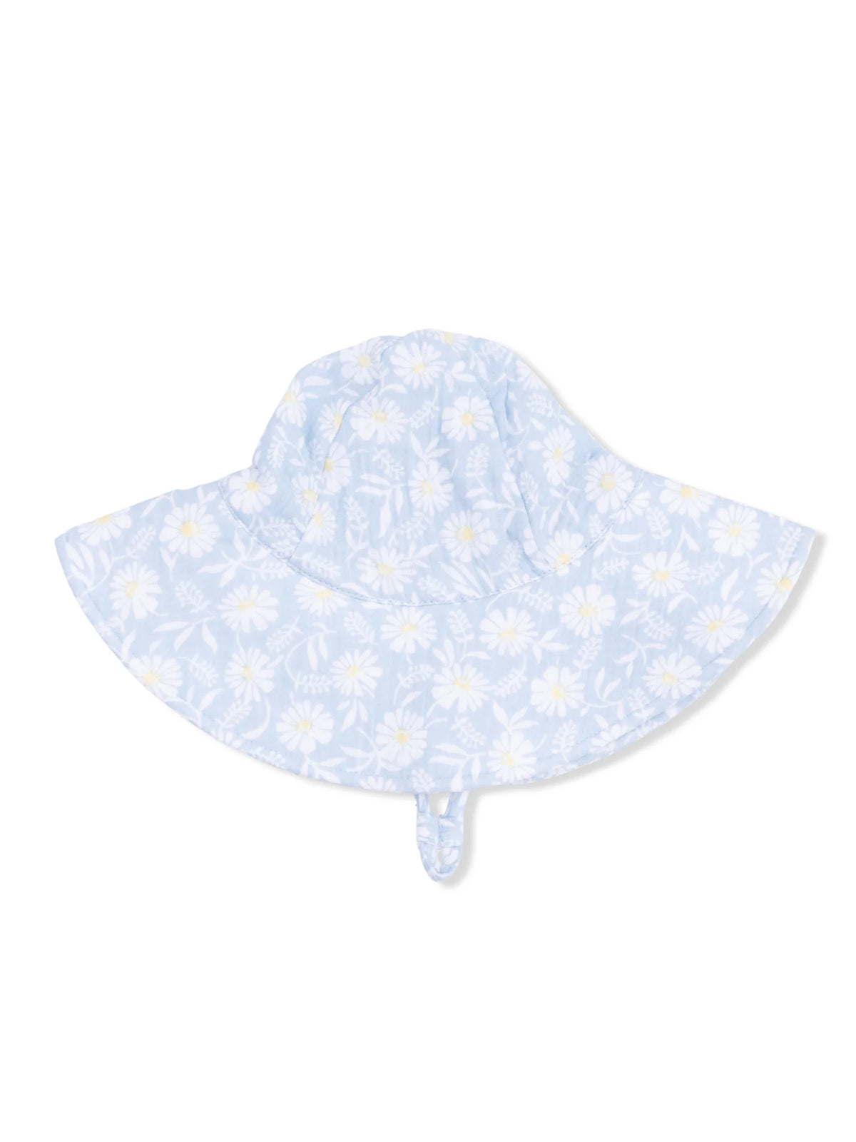 Light blue sun hat adorned with white daisies, designed for sun protection with a wide brim and chin strap.