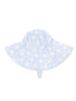 Light blue sun hat adorned with white daisies, designed for sun protection with a wide brim and chin strap.