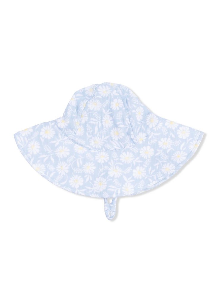 Light blue sun hat adorned with white daisies, designed for sun protection with a wide brim and chin strap.