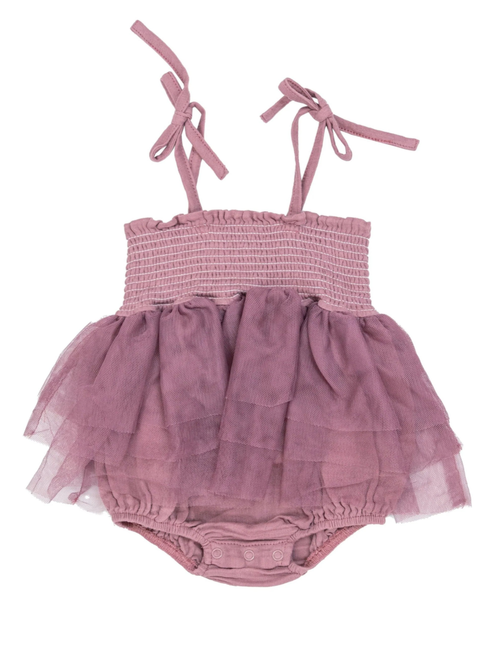 Lilac infant romper with smocked bodice and sheer layered skirt, featuring adjustable straps and snap closure.